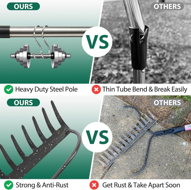 Feblomst Rake for Leaves, Garden Bow Rake for Lawns Heavy Duty, 5 ft Back-Saving Long Handle, 14 Metal Tines, Yard Gardening Tools for Loosen Soil, Clear Gravel Grass Rock, Level Mulch - Image 4